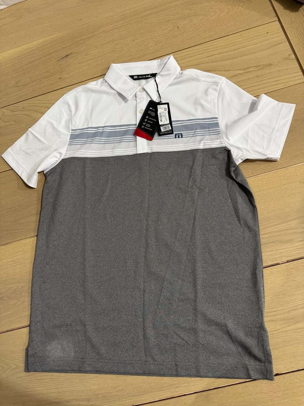TravisMathew Honokalani White Gray Colorblock Stripe Golf Polo